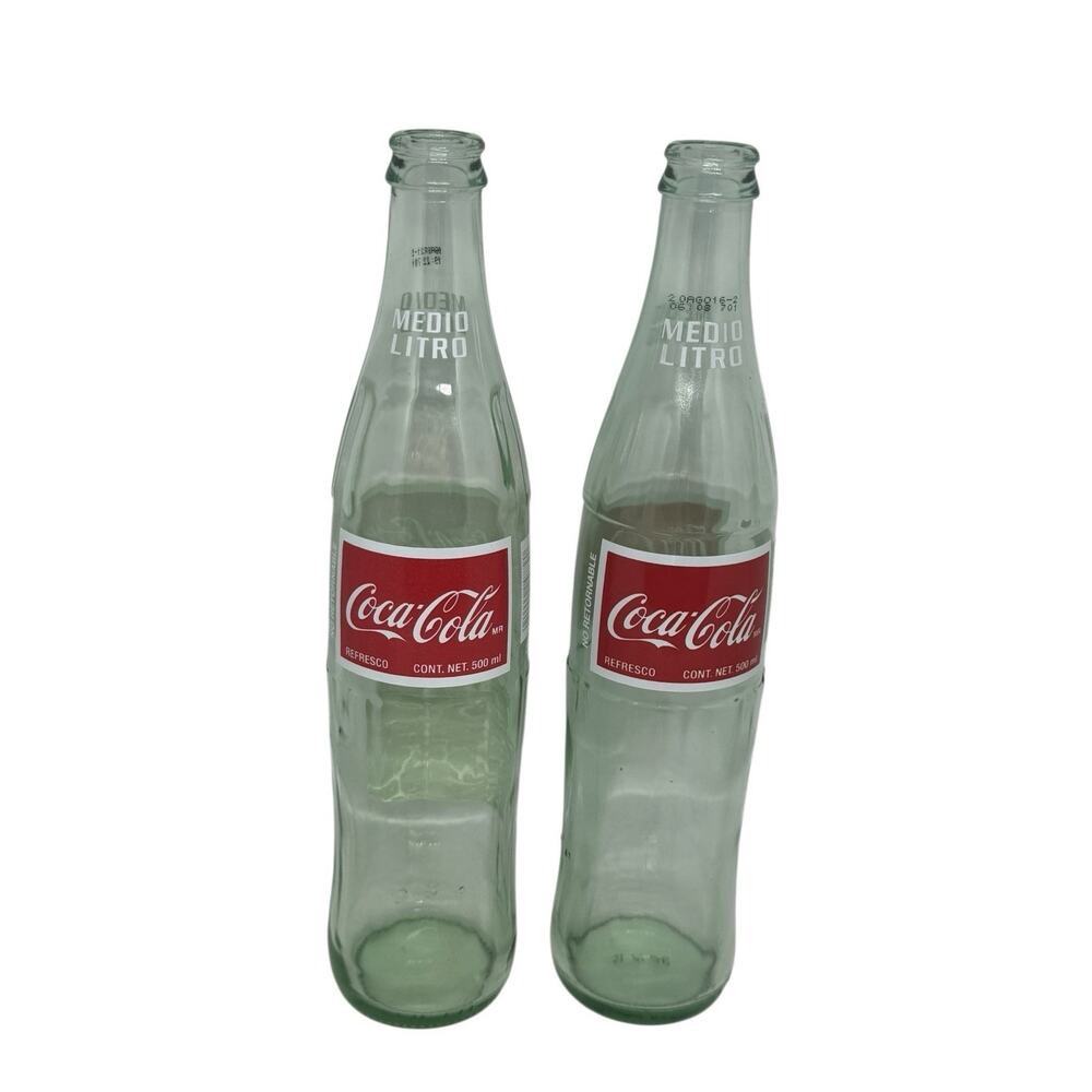 Vintage Pair 500 ml Medio Litro Coca-Cola Bottles Green Glass Embossed Mexico